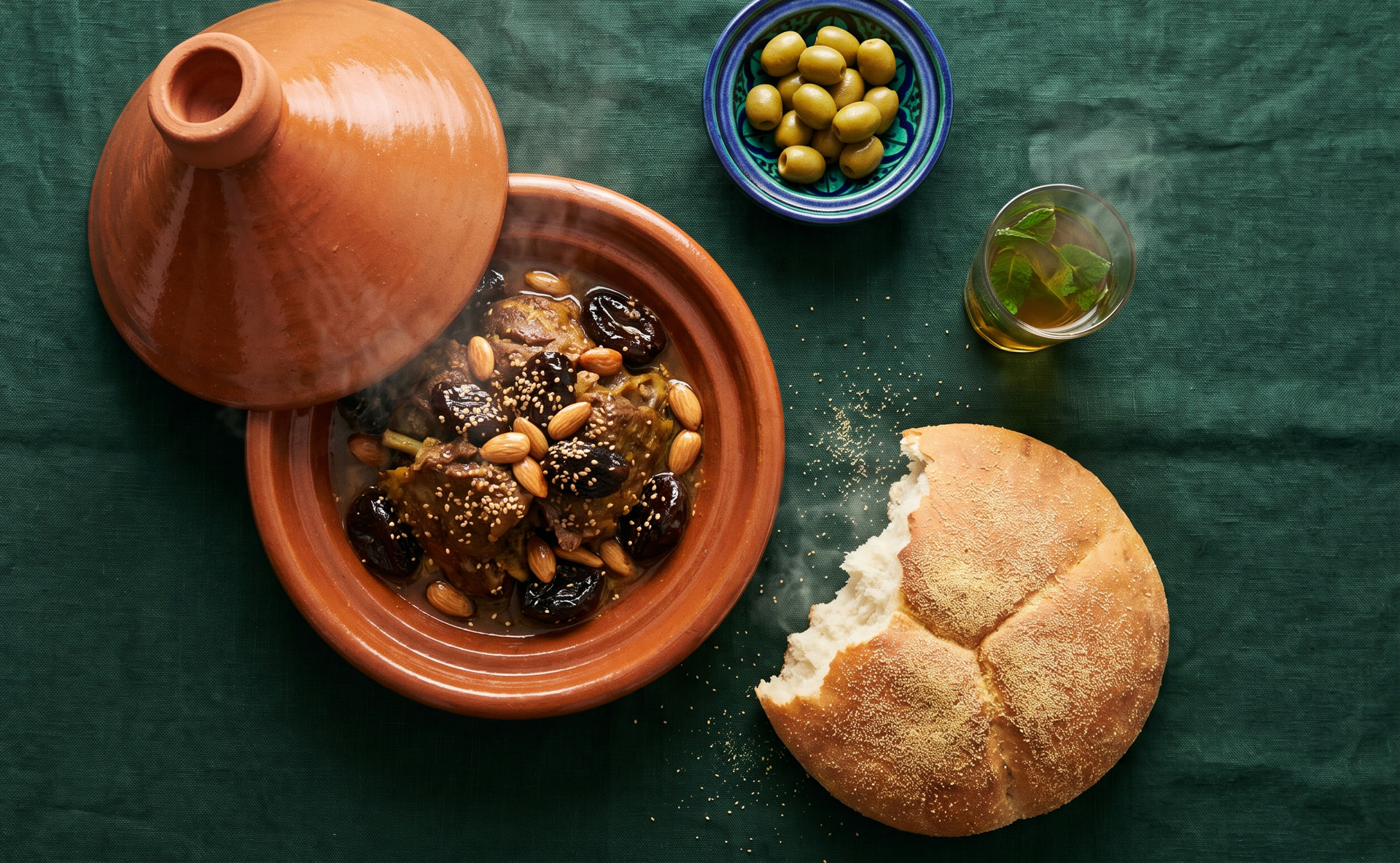 An open lamb tagine with prunes, almonds and sesame, seen from above on a green tablecloth, with bread, olives and mint tea.